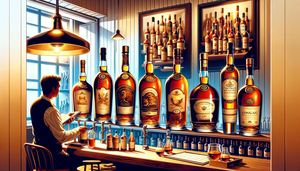 Upscale bar displaying various cognac brandy types.