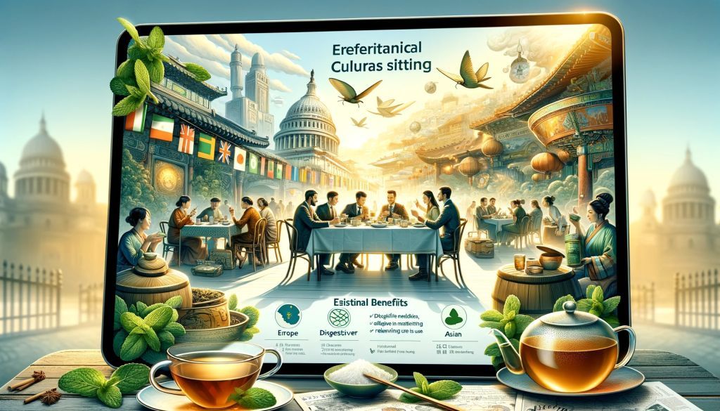 Depiction of people enjoying mint tea's refreshing taste and aroma in diverse cultural contexts.