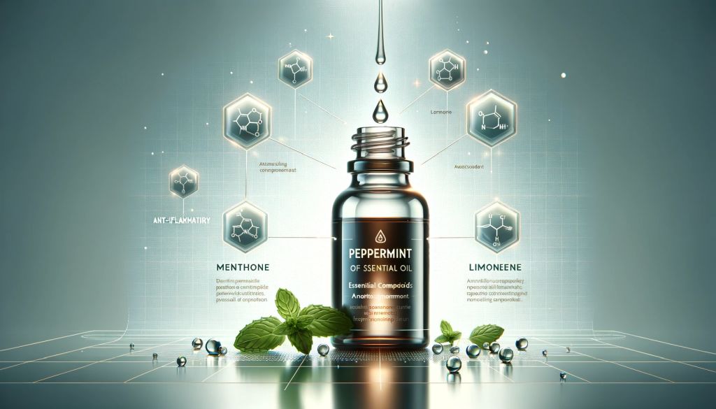 Illustration of peppermint oil's anti-inflammatory and antioxidant properties in a sleek bottle.