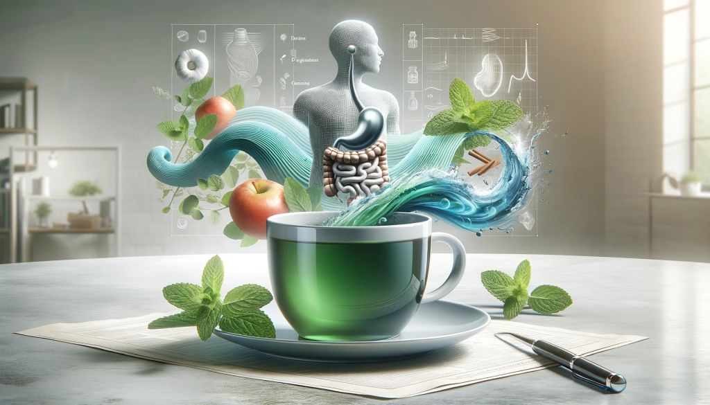 Modern teacup with mint tea symbolizing digestive relief and easing IBS symptoms.