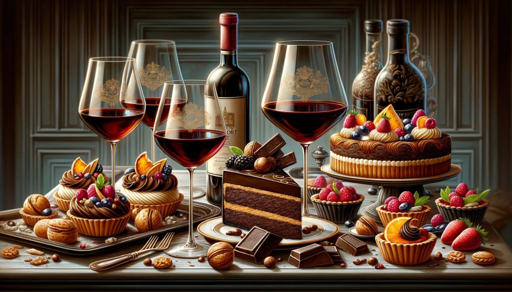 Sophisticated dessert and wine pairing with deep red port wine.