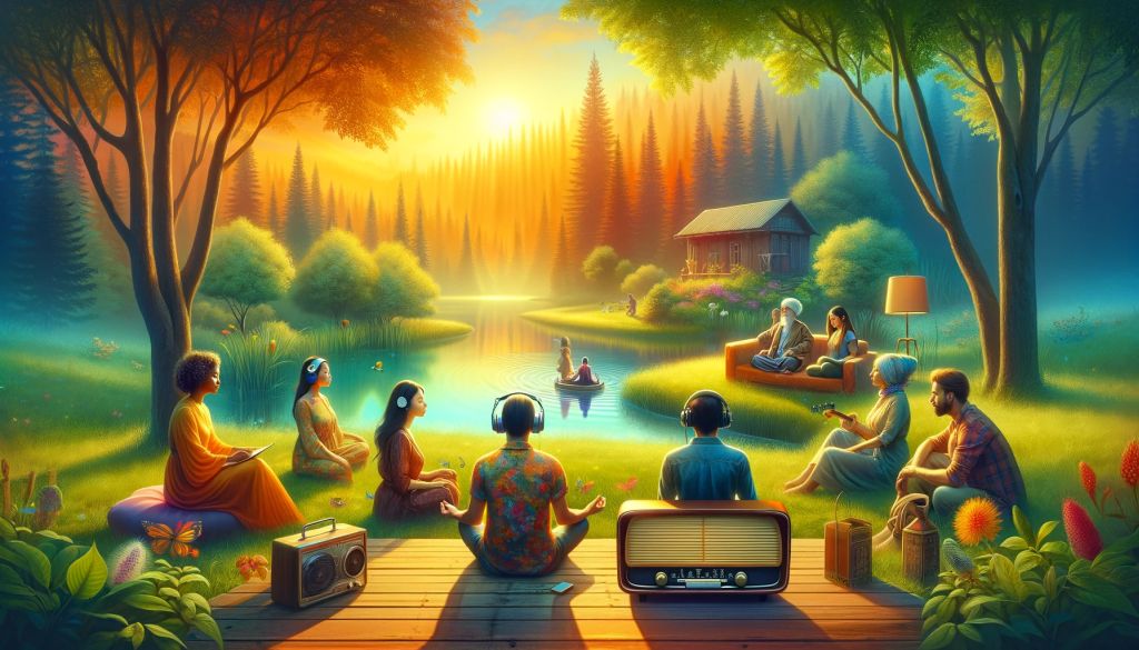 Group-playing-musical-instruments-in-serene-park.