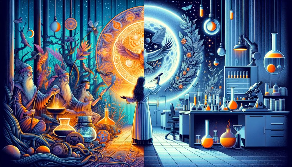 Traditional-healer-performing-ritual-under-moonlight-next-to-modern-scientist-in-lab.