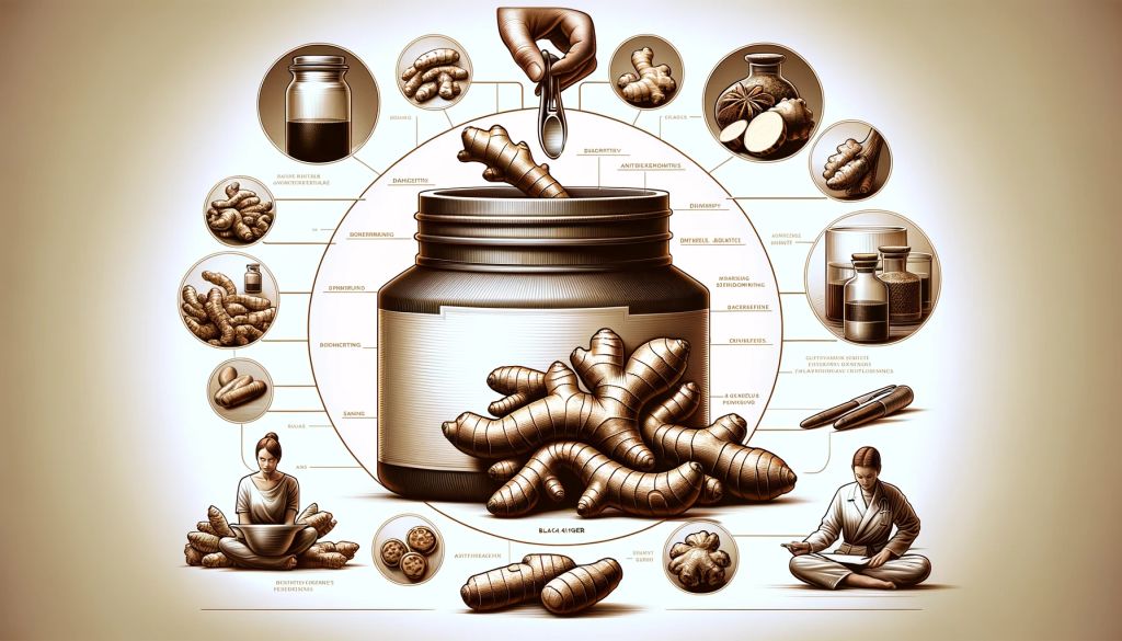 Visual representation of black ginger treating bloating, gas, and indigestion.