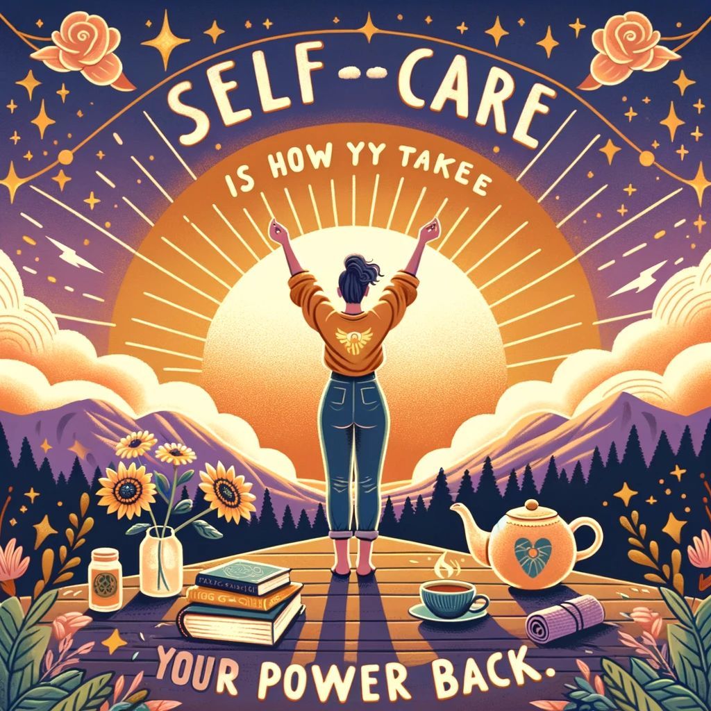Person standing on a hilltop facing sunrise Surrounded by self-care items signifying empowerment.