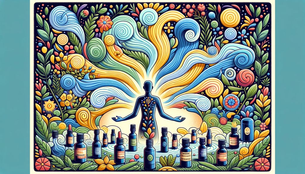 Whimsical depiction of essential oil bottle's aromatic mists.
