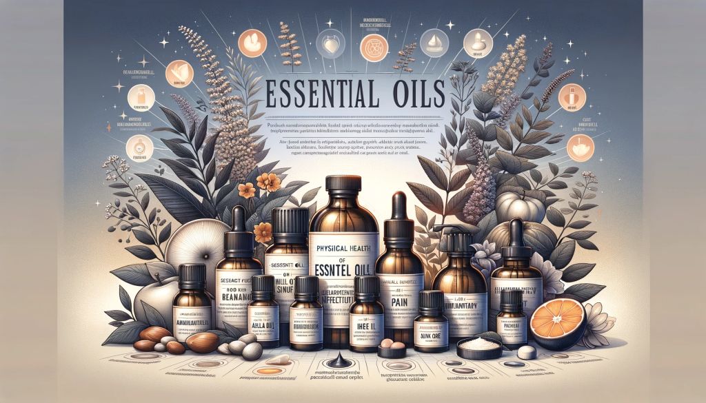 Educational display of high-quality essential oils with botanical backdrop.