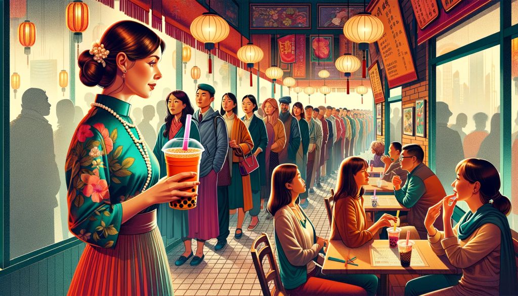 Woman experiencing boba tea in a busy cafe.