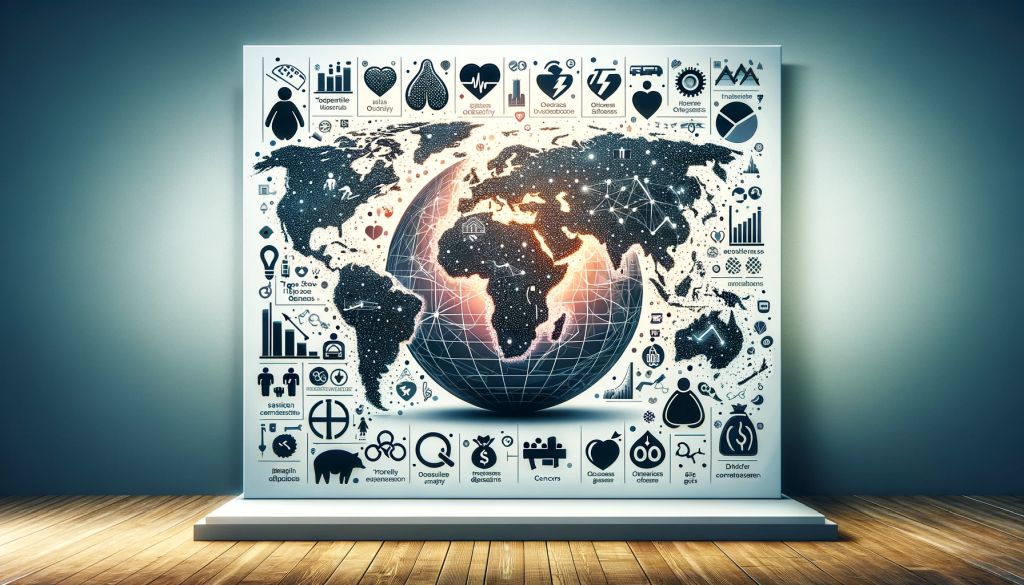 World map illustration depicting the widespread impact of obesity and related health issues.