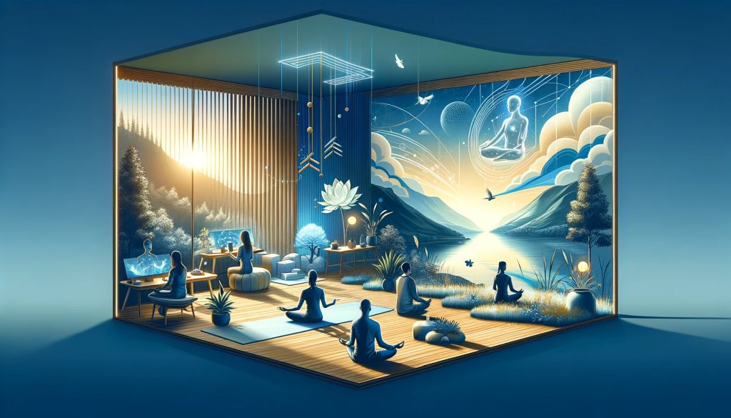 Individuals practicing mindfulness meditation in a peaceful setting, embodying calm and focus.