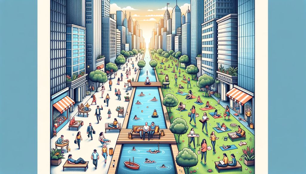 Busy-cityscape-with-skyscrapers-and-people-rushing-next-to-calm-park-with-yoga-and-reading.