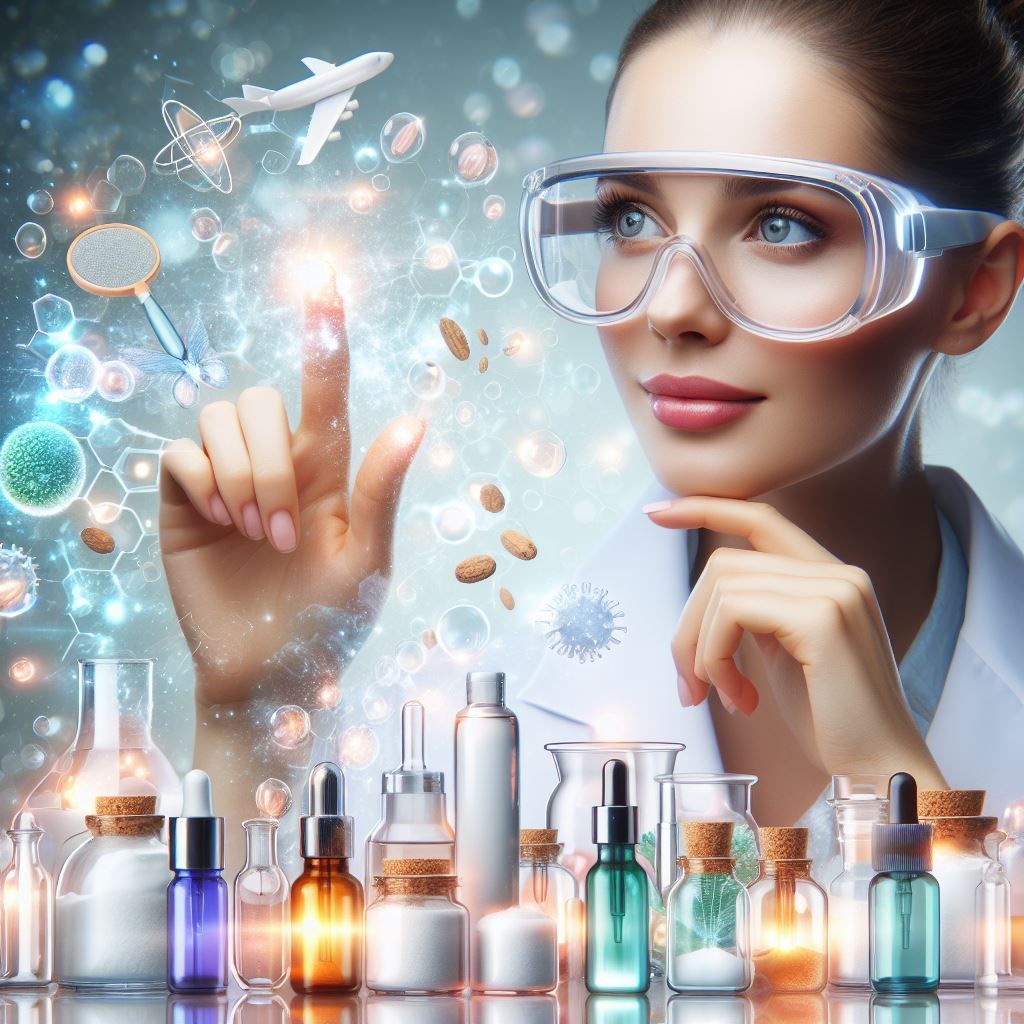 A laboratory scene with a scientist testing a skin care formula and a display of various cosmetics and beauty products.