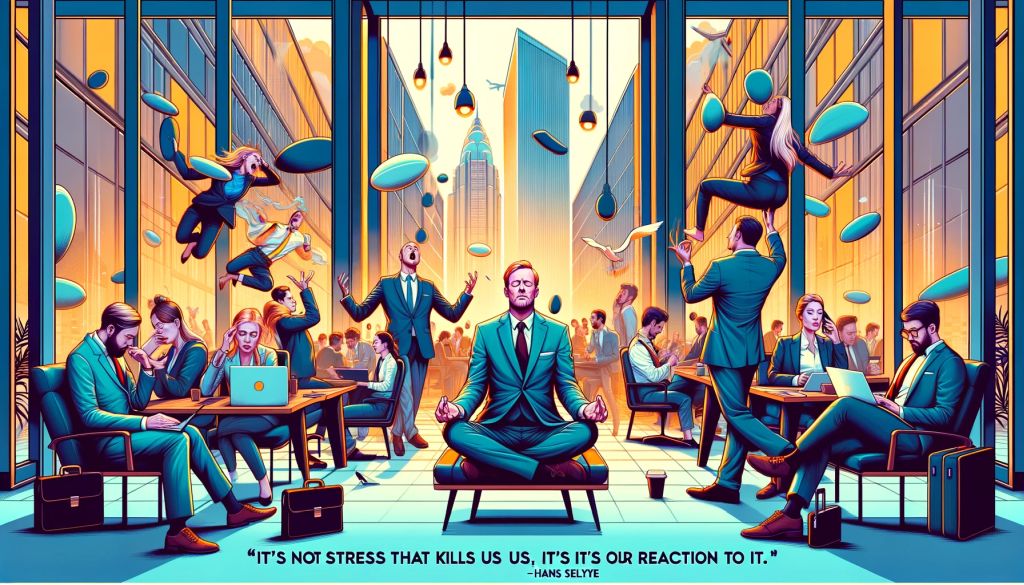 Busy office scene with different stress reactions.