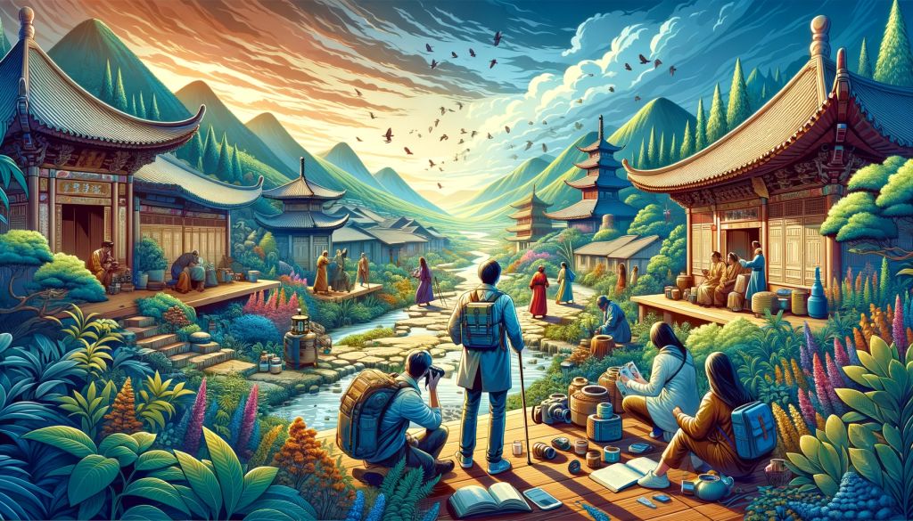 Modern-explorers-discovering-traditional-healing-methods-in-ancient-village.