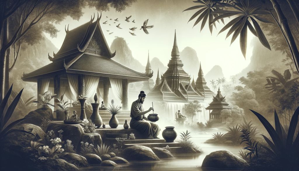 Ancient Southeast Asian healers using black ginger in a traditional medicinal setting.