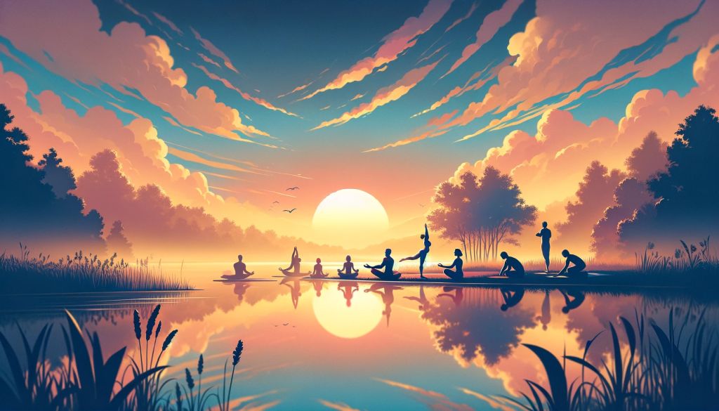 Yoga-practice-at-lakeside-during-sunrise