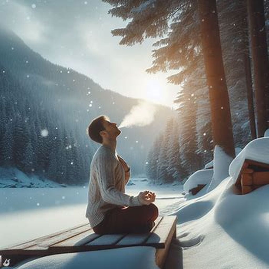 A person in a blue jacket and black pants sitting on a snow-covered bench and exhaling deeply.