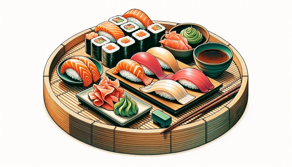 Fresh salmon slices on a sushi plate with pickled ginger.