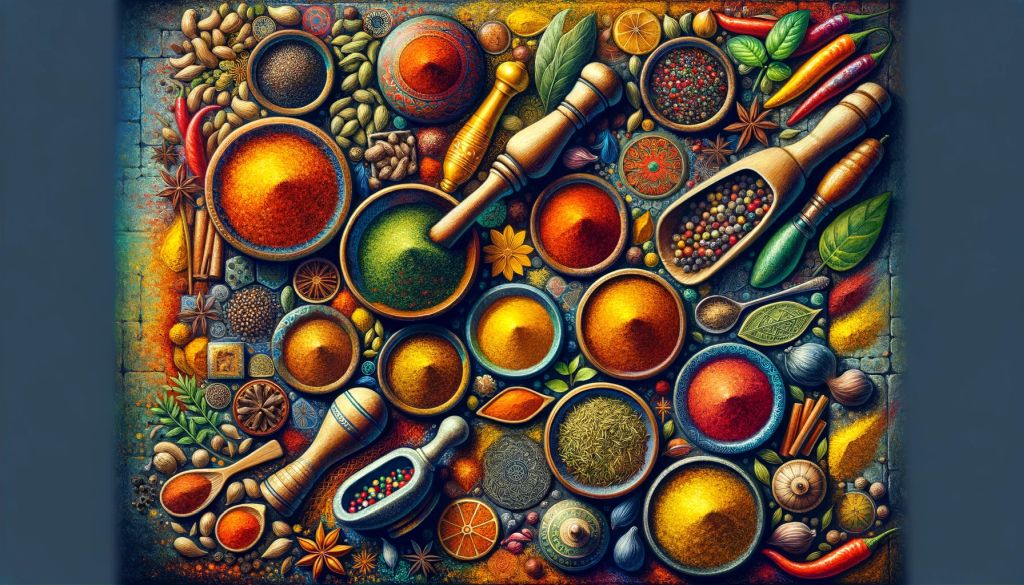 Colorful turmeric and paprika in traditional bowls.