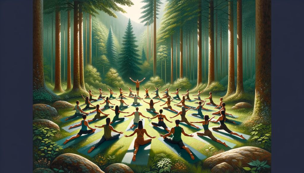Yoga group forming a circle in a forest clearing, symbolizing unity and shared mindfulness.