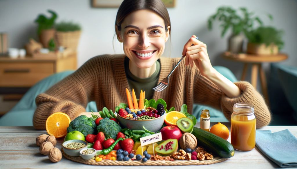 Person smiling while eating a colorful meal of fruits, vegetables, nuts, and seeds.
