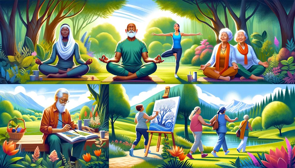 Senior-man-meditating-garden" - Senior man of South Asian descent meditating in a lush, tranquil garden.