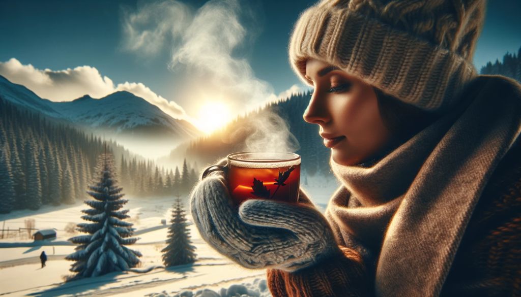 Person savoring a hot toddy outdoors, surrounded by a snowy winter landscape.