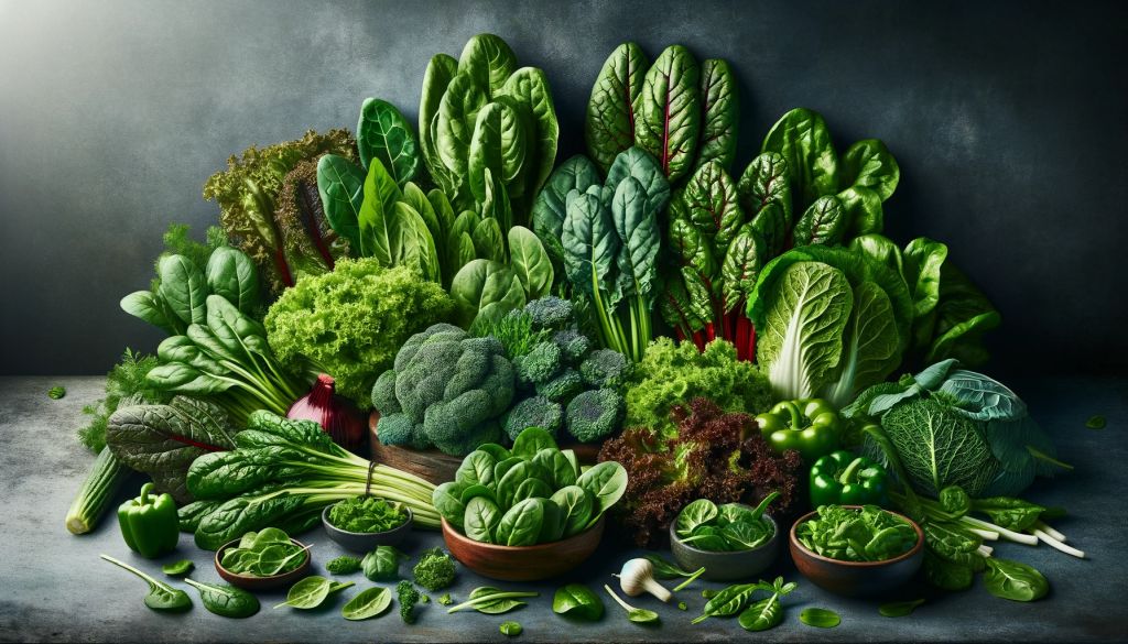 Assorted organic green leafy vegetables including spinach and kale on display.