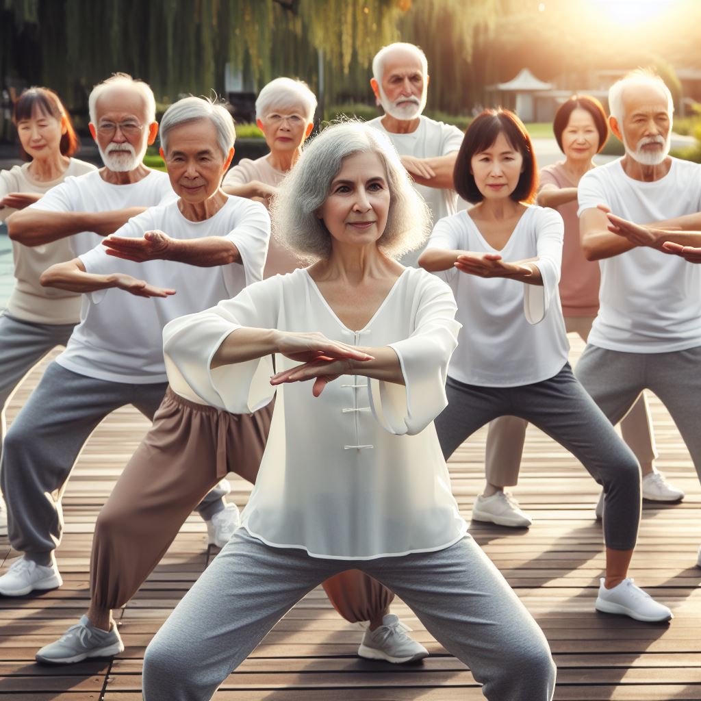 oA group of older adults in colorful clothes practicing Tai Chi in a park.