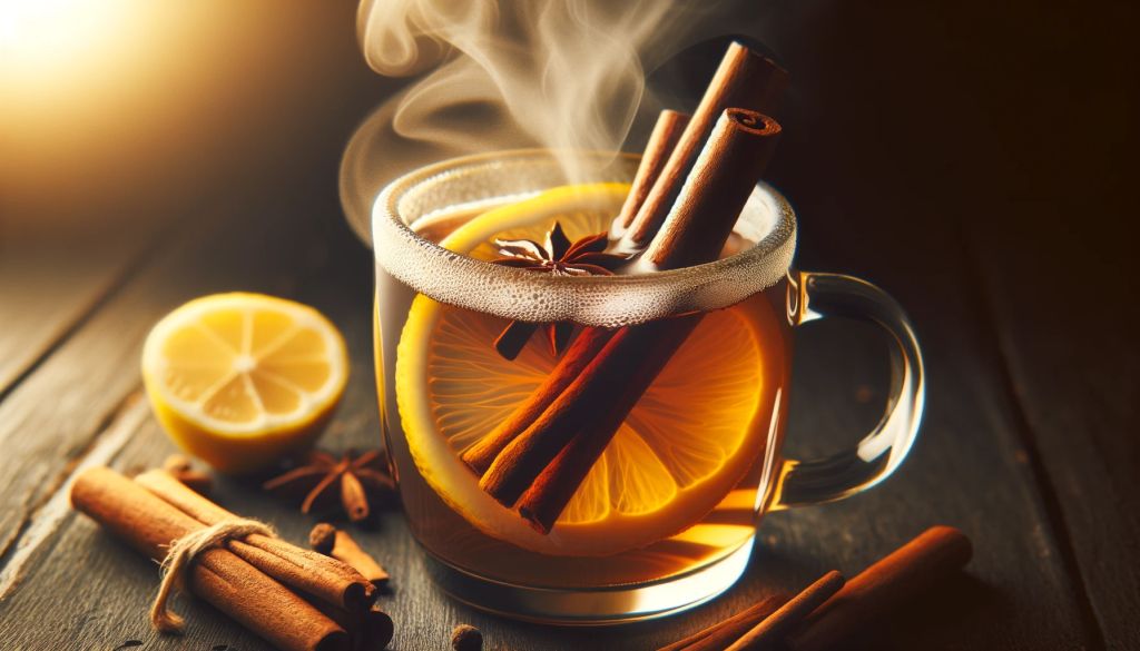 Close-up view of a steaming hot toddy in a clear mug with cinnamon sticks and lemon slices.