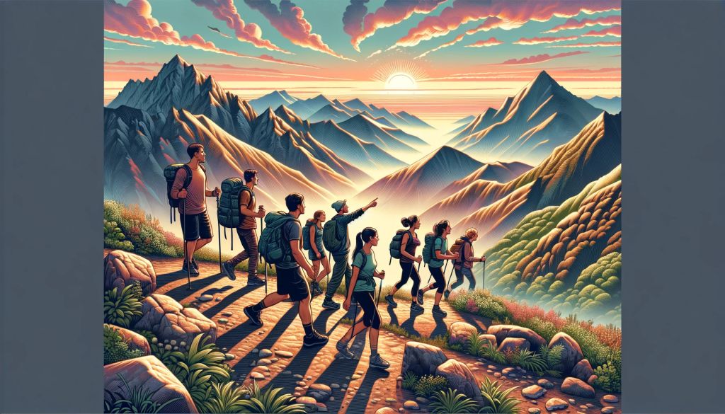 Friends-hiking-in-mountains-at-sunrise.